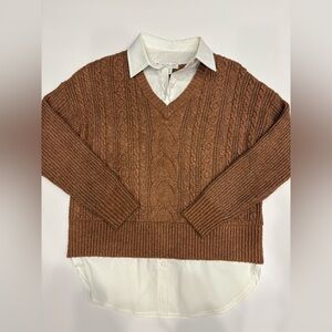 Rachel Zoe Ivory White Cable Knit Built In Collared Shirt Tail Sweater